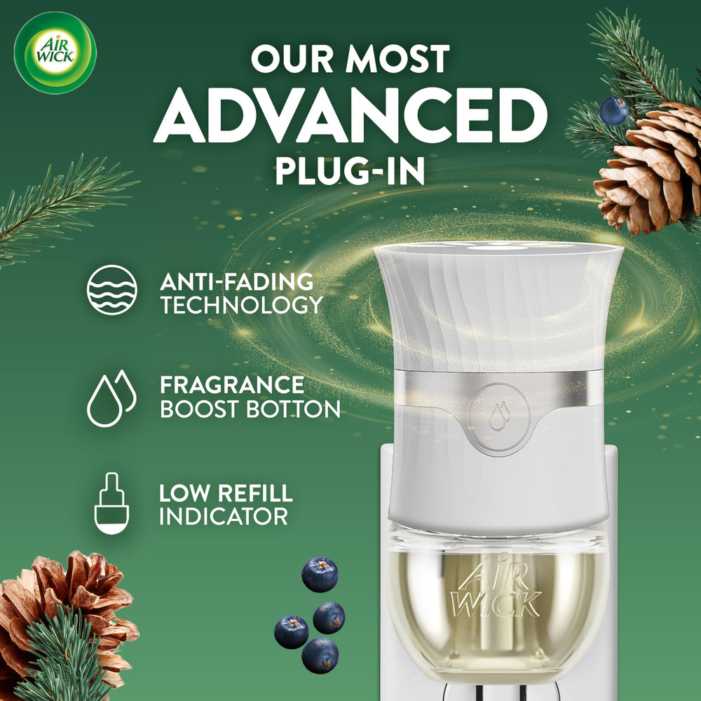 Air Wick 4ct refill pack blends pine and juniper for cozy fragrance.