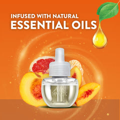 Air Wick refill bottle close-up highlighting essential oils for fresh rooms.