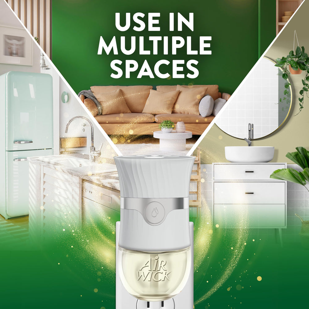Soft-lit background around the bottle illustrates aroma diffusion in living spaces.