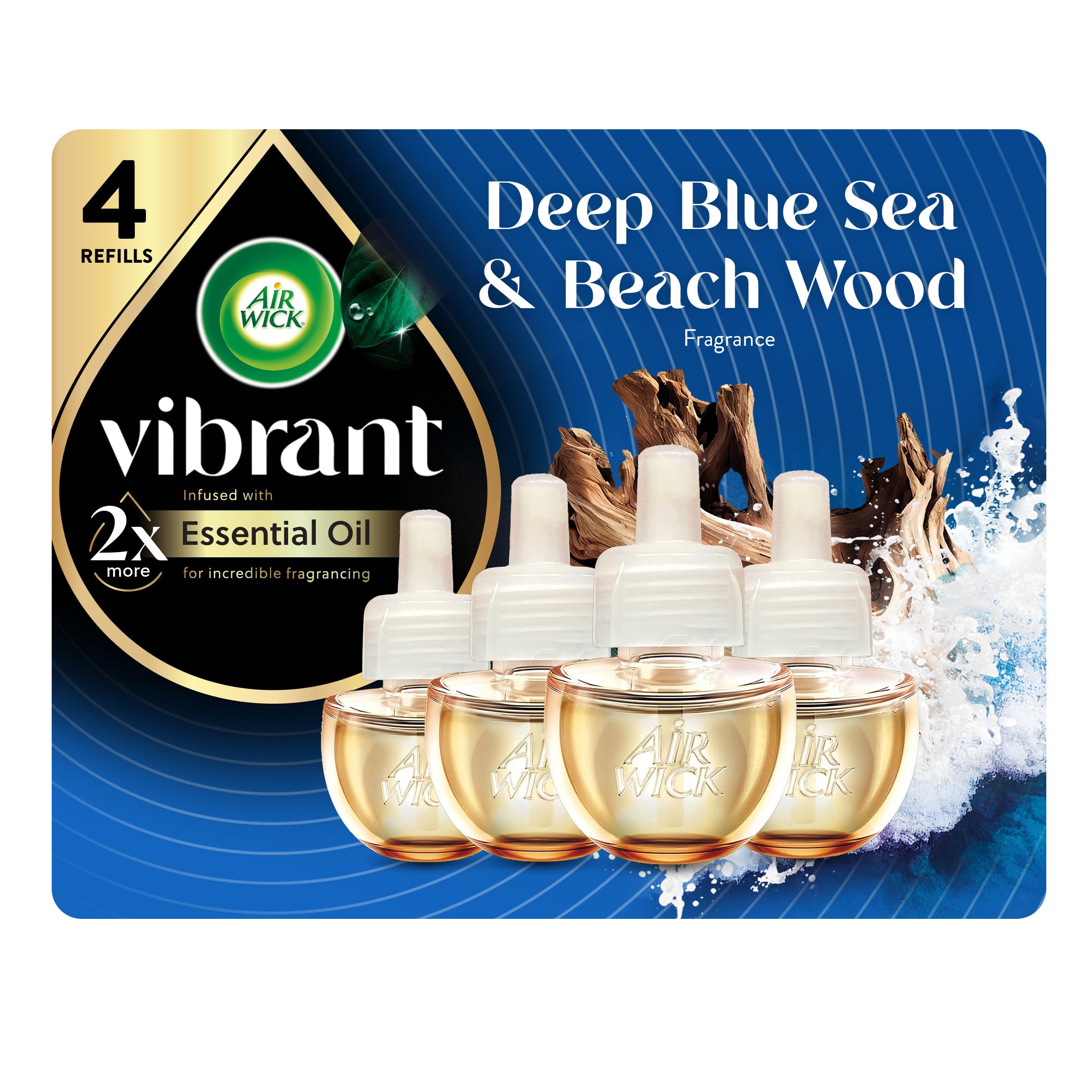 Air Wick Vibrant refill bottle with blue sea and beach wood aroma for long-lasting freshness
