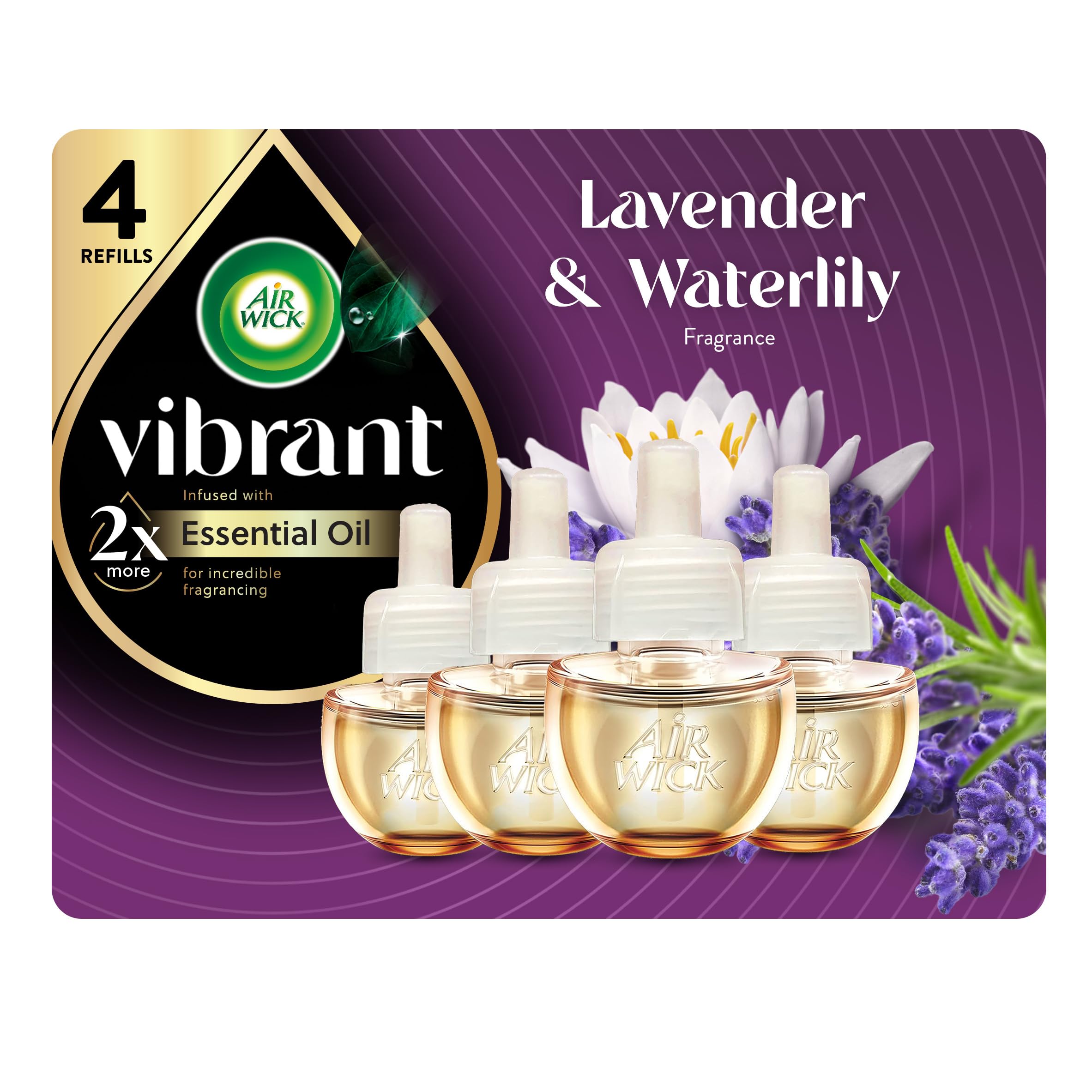Air Wick Vibrant refill bottle shows lavender and waterlily scent for a fresh room