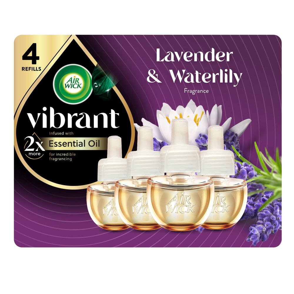 Air Wick Vibrant refill bottle shows lavender and waterlily scent for a fresh room