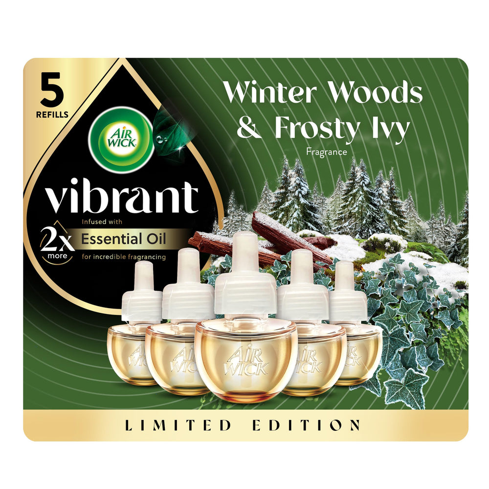 Air Wick Winter Woods refill bottle showing natural essential oils for a fresh space