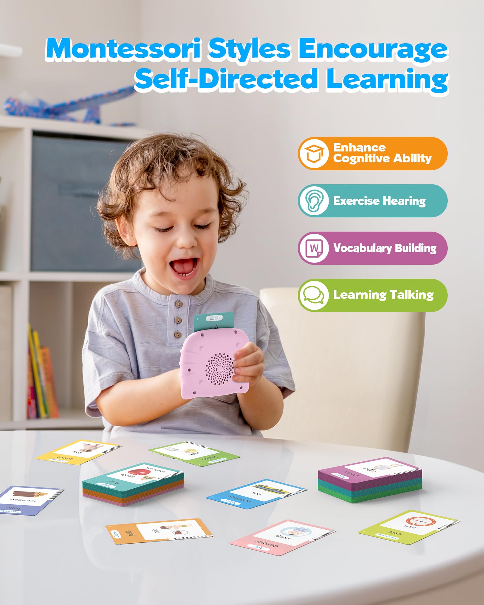 Airbition flash cards illustrate colors, shapes, animals to boost vocabulary.