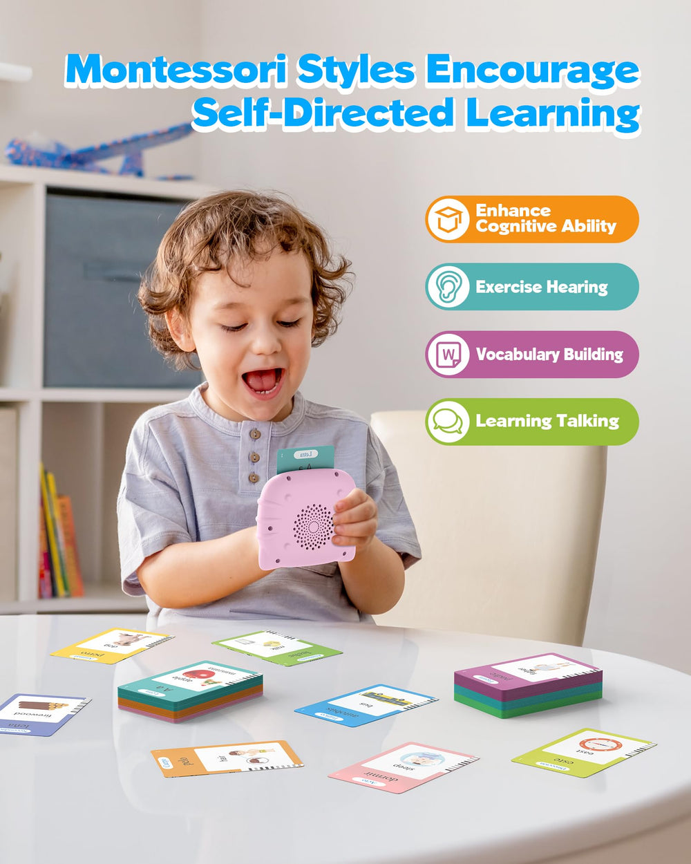Airbition flash cards illustrate colors, shapes, animals to boost vocabulary.