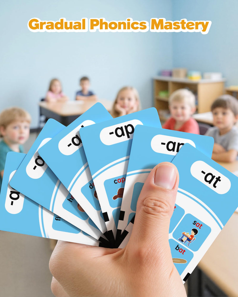 Airbition phonics flash cards with CVC blends aid spelling practice and word recognition.