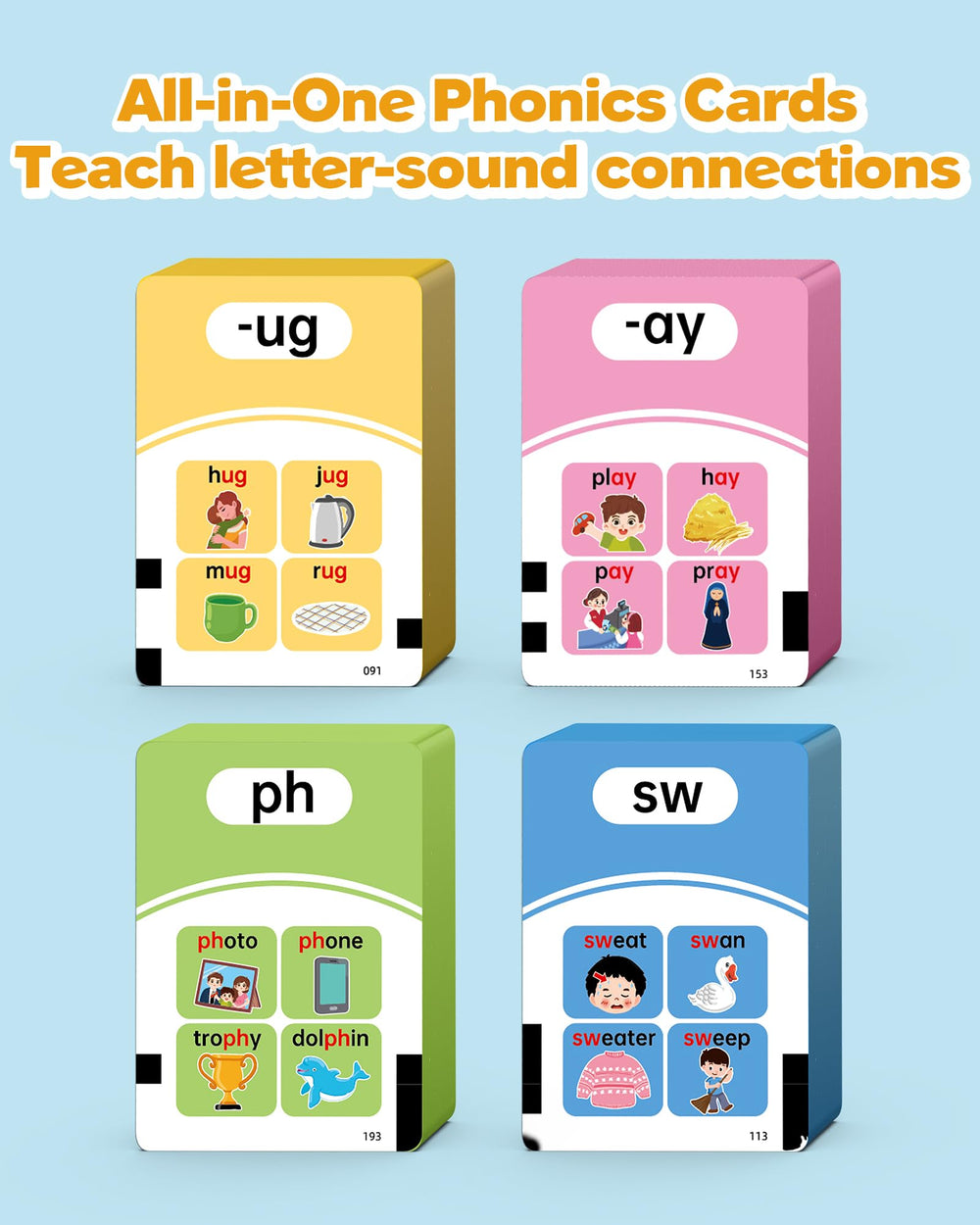 Airbition flash cards reveal long vowels to enhance pronunciation and reading fluency.
