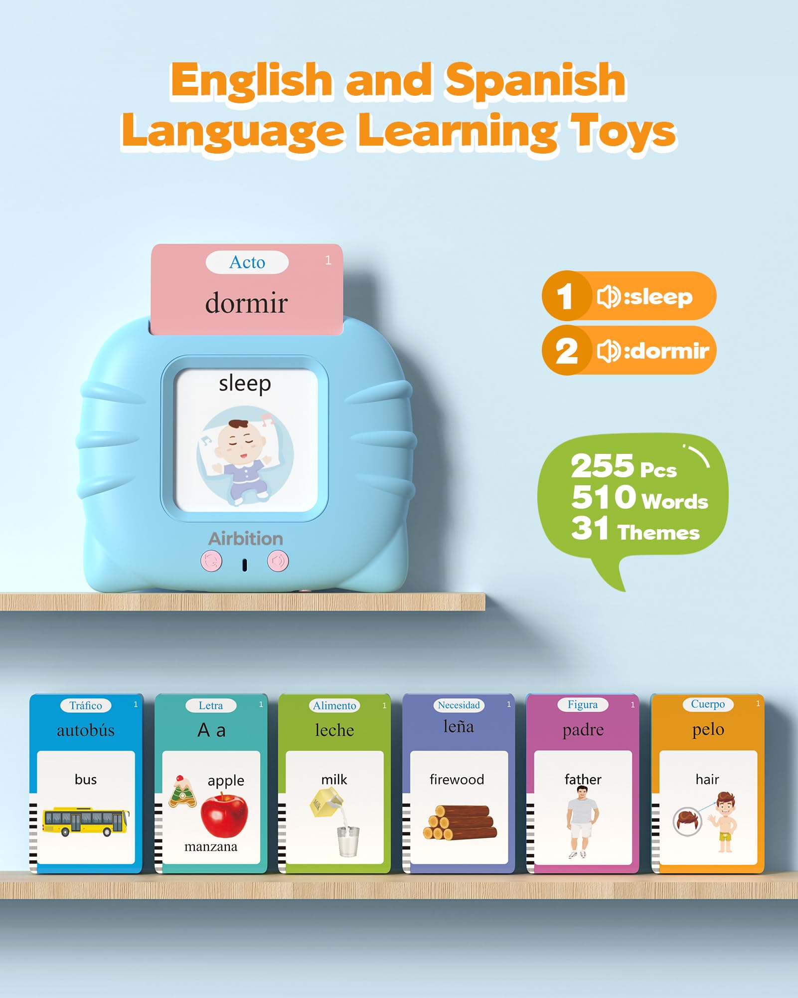 Airbition talking flash cards reader demonstrating clear dual-language playback.