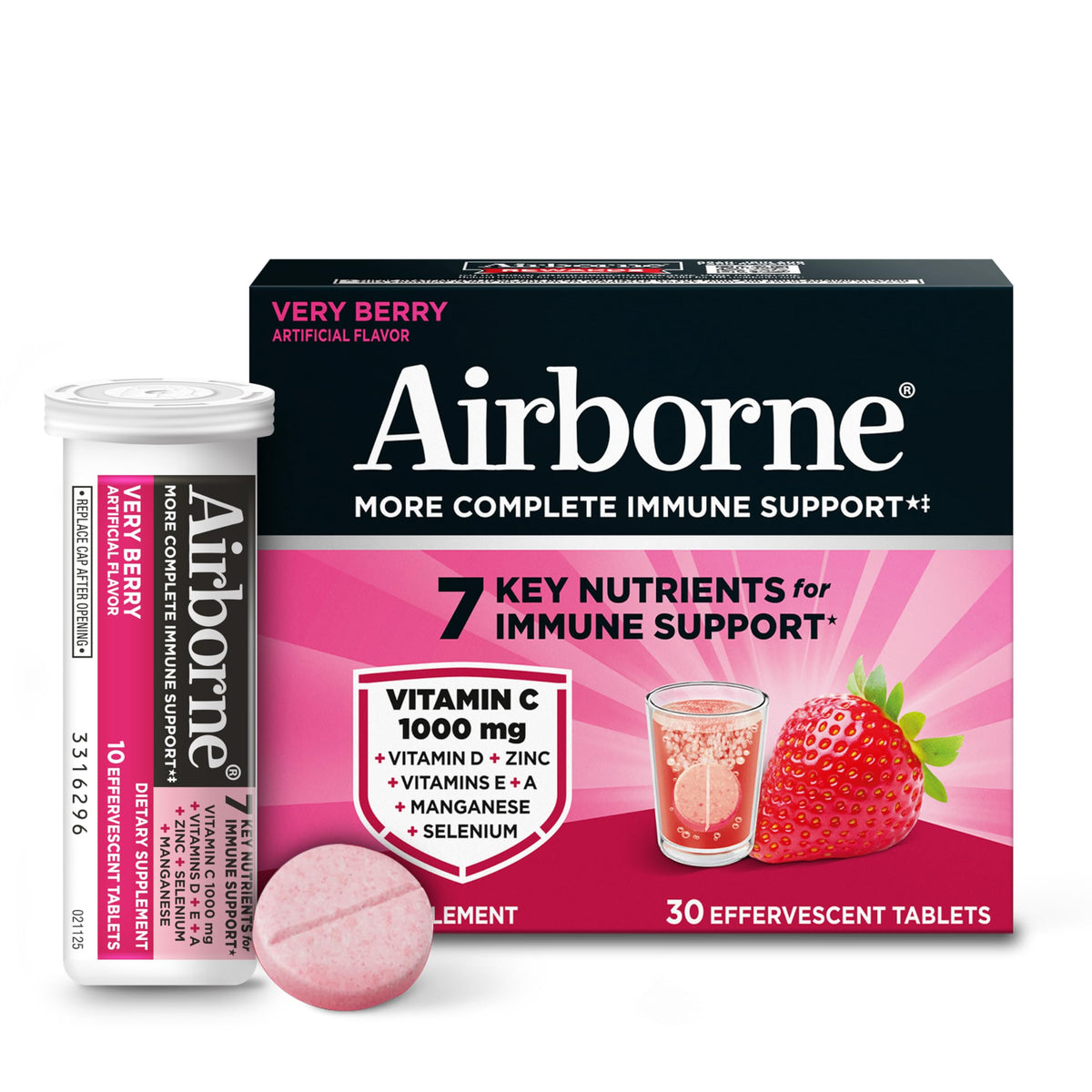 Airborne 1000mg Vitamin C with Vitamin D and zinc tablets in bottle for immune support