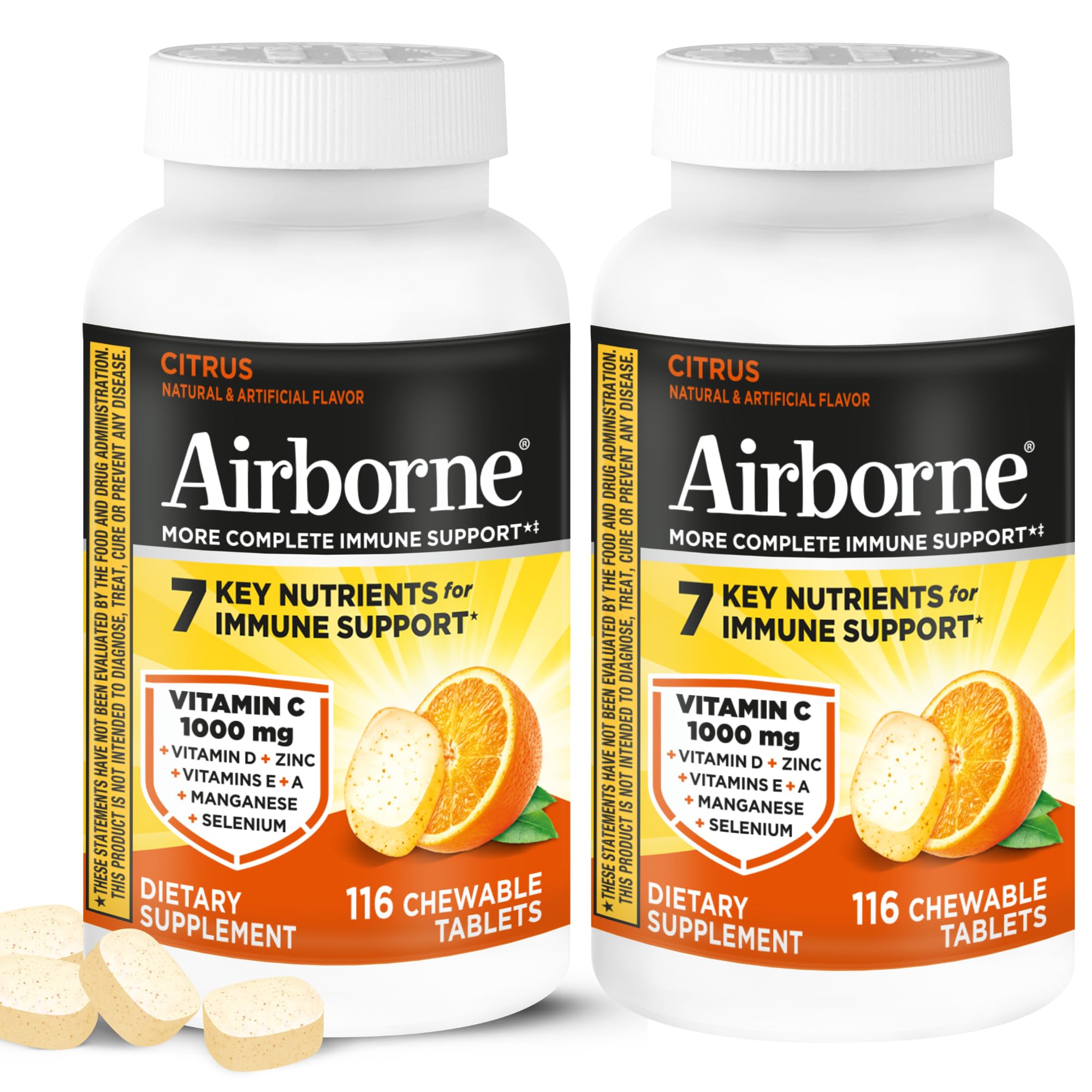 Airborne 1000mg Vitamin C + Zinc chewables citrus bottle for daily immune support.