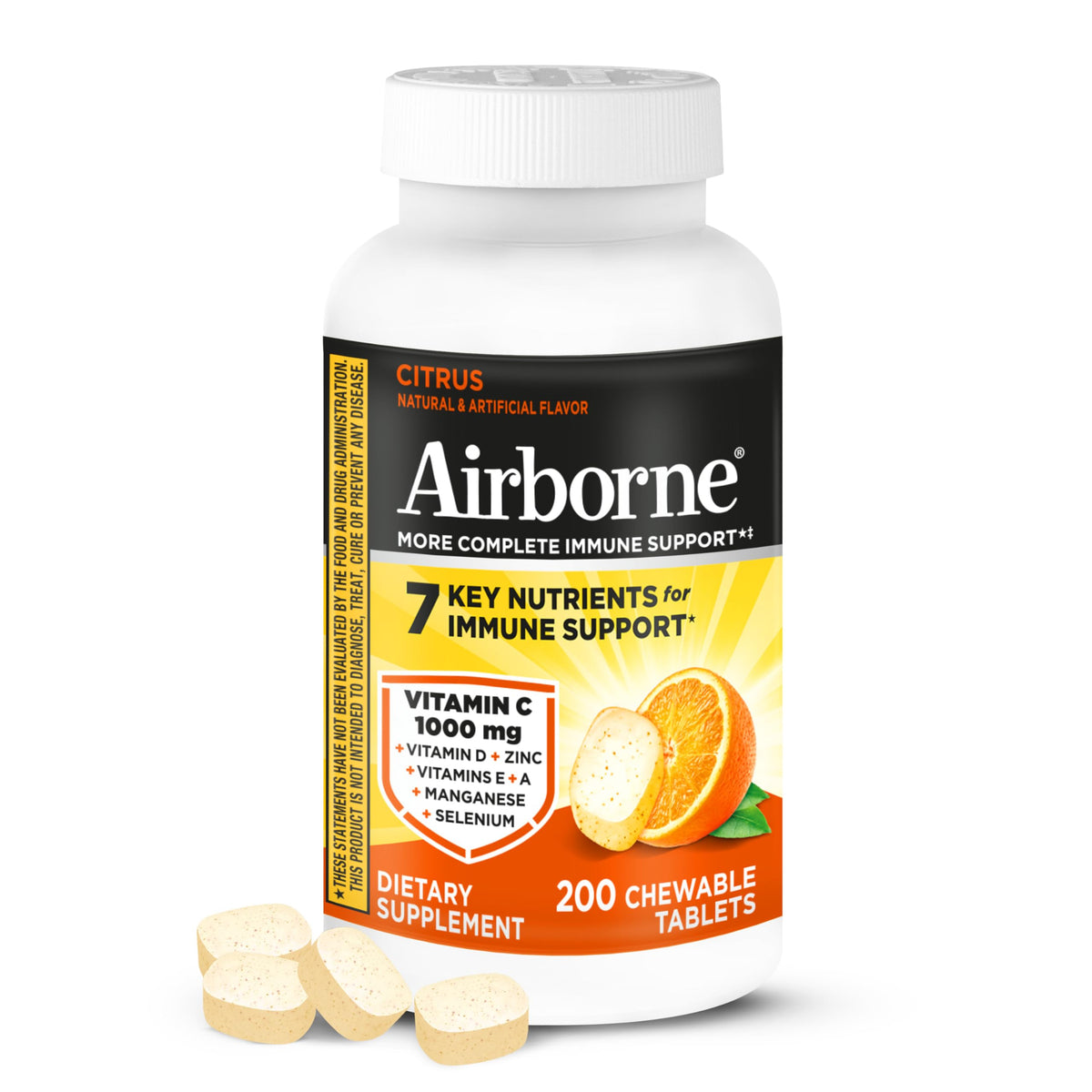 Airborne Citrus chewable tablets bottle shows bright flavor for daily immune support.