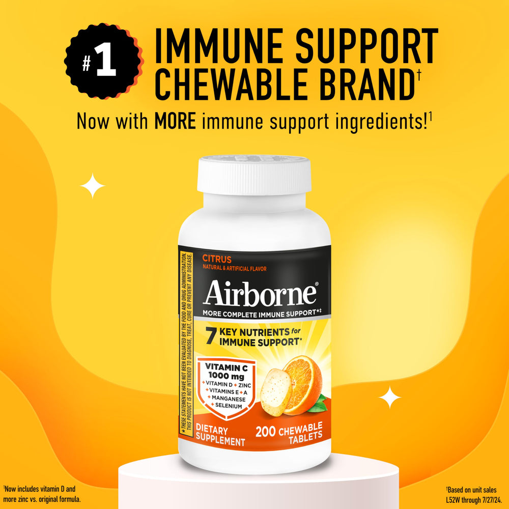 Airborne Citrus chewable tablets dispenser highlights easy on-the-go dosing.