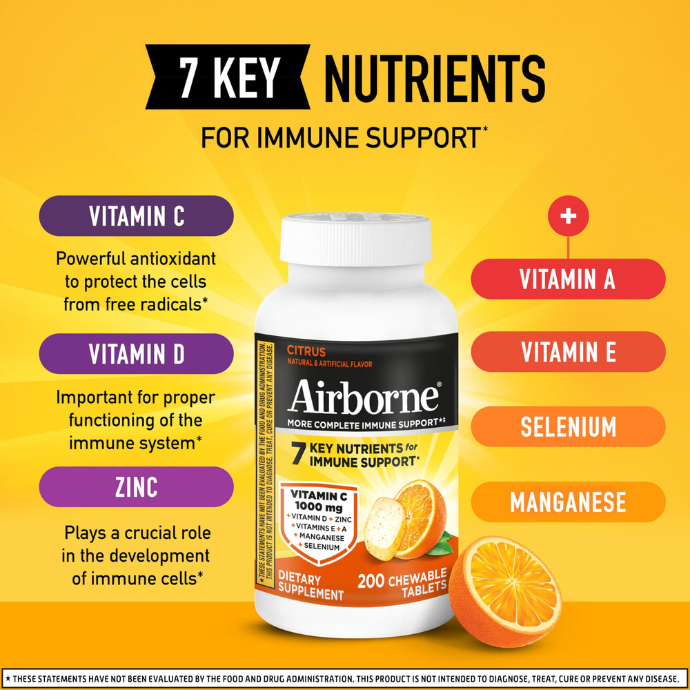Airborne Citrus chewable tablets label emphasizes gluten-free formulation.