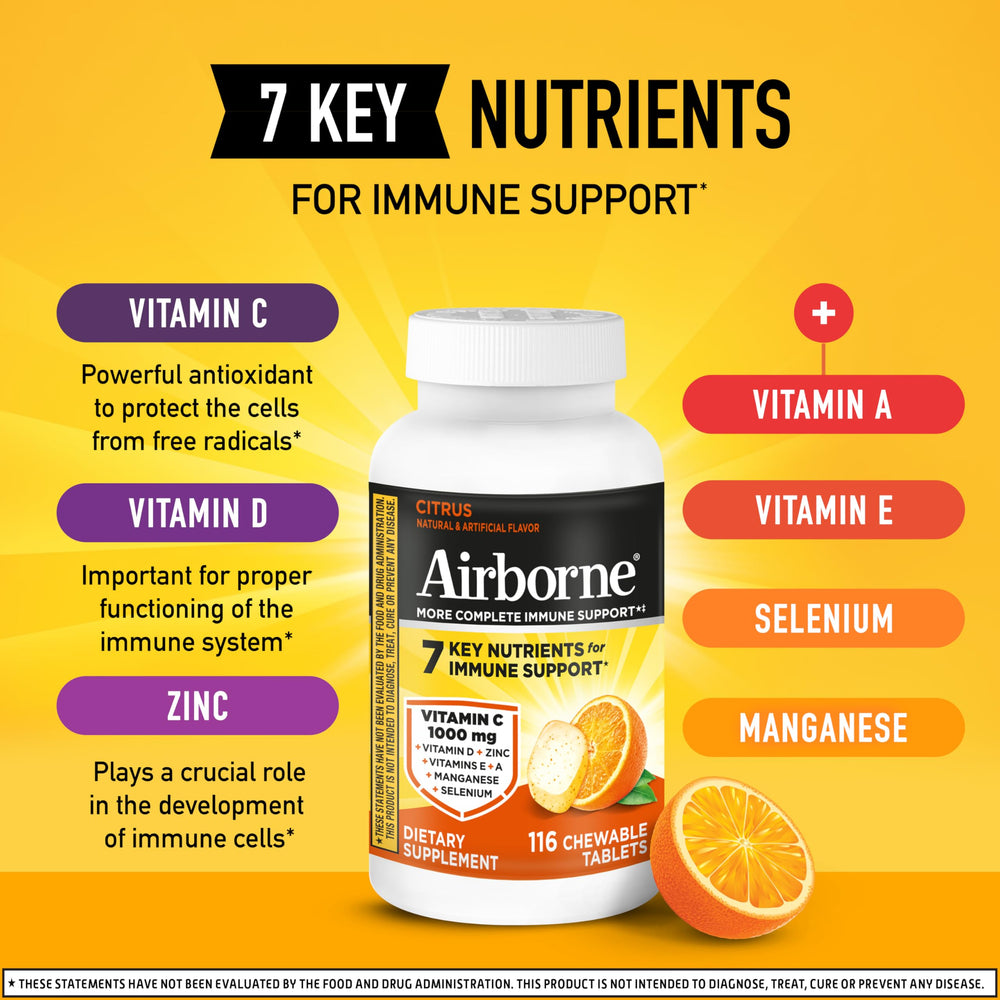 Airborne citrus-flavored chewables; kid-friendly option for school and after-school routines.