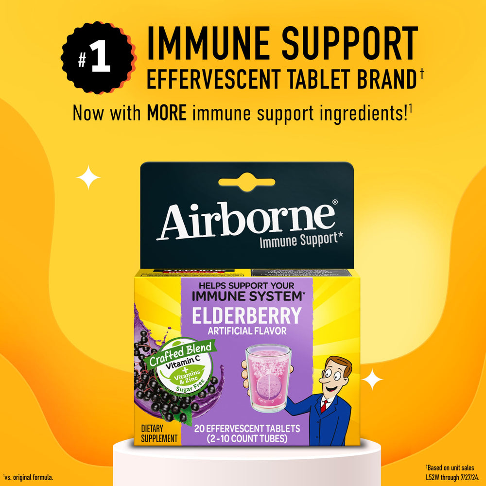 Airborne Elderberry effervescent box showing 20 count for easy daily dosing