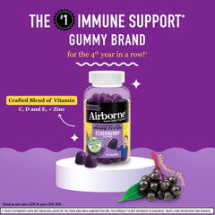 Airborne Elderberry Gummies being poured from bottle for on-the-go daily supplementation.
