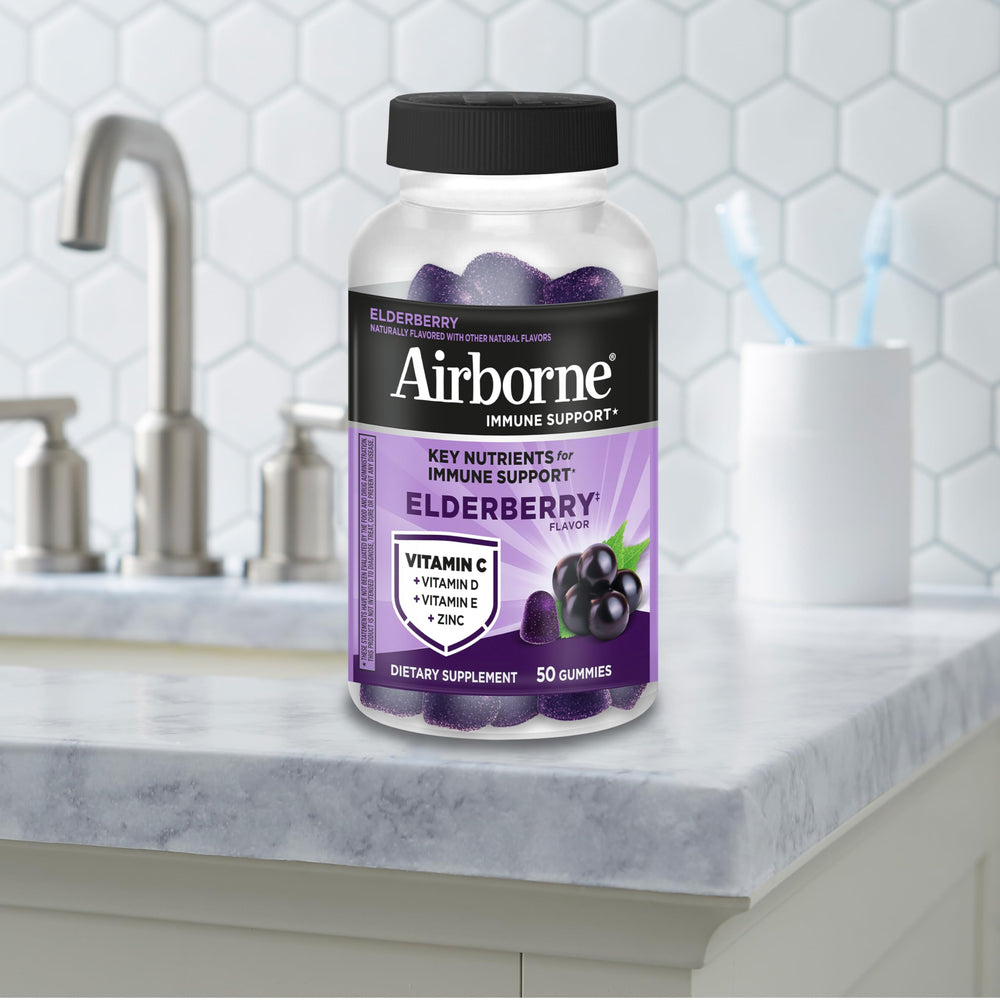 Airborne Elderberry gummies kitchen scene with two servings