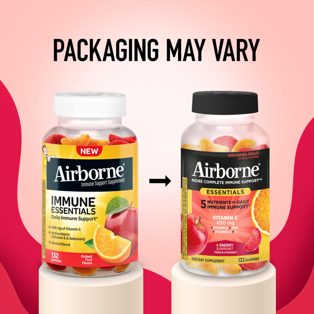 Airborne Immune Essentials Gummies bottle label with product details.
