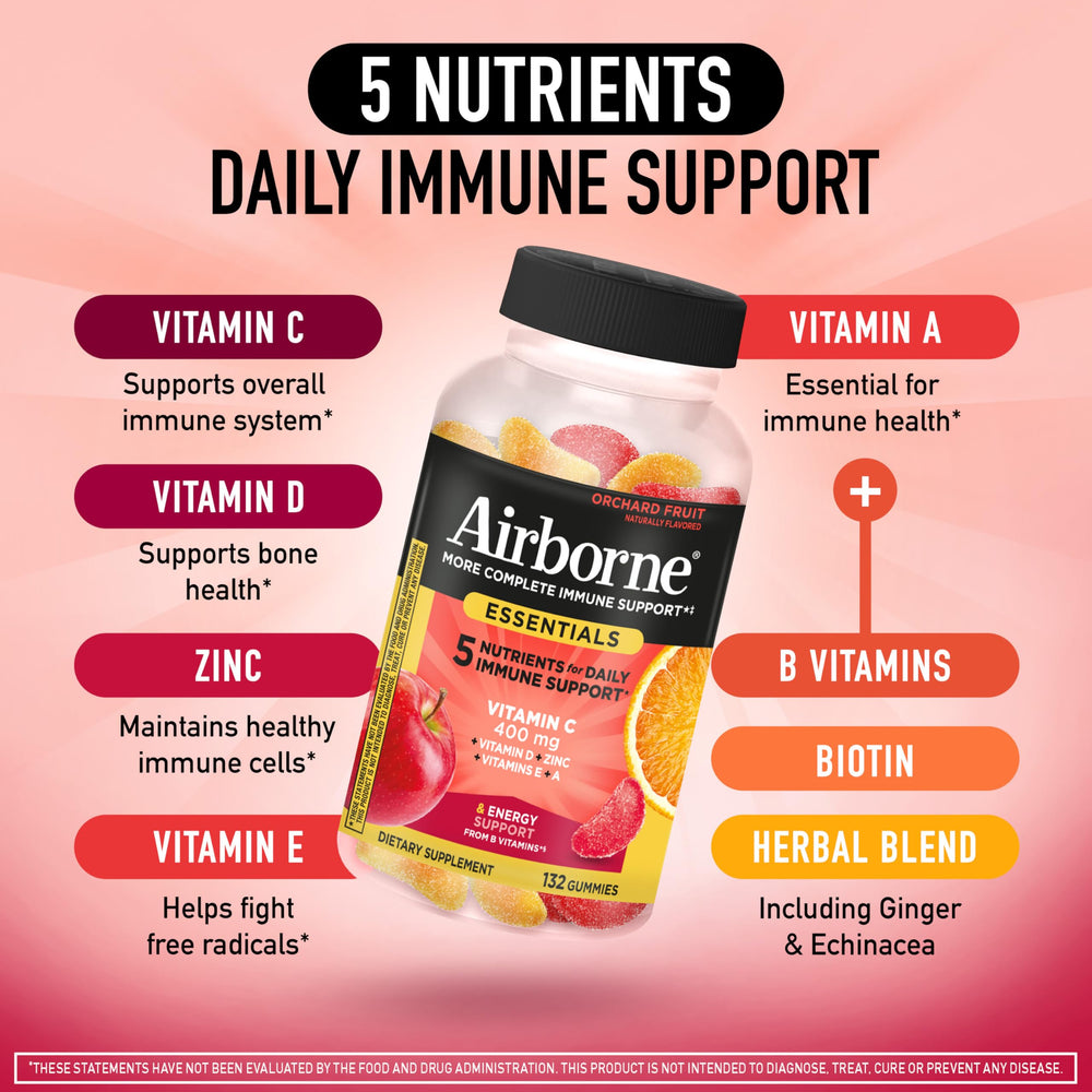 Airborne Immune Essentials Gummies orchard fruit flavors in a bright package.