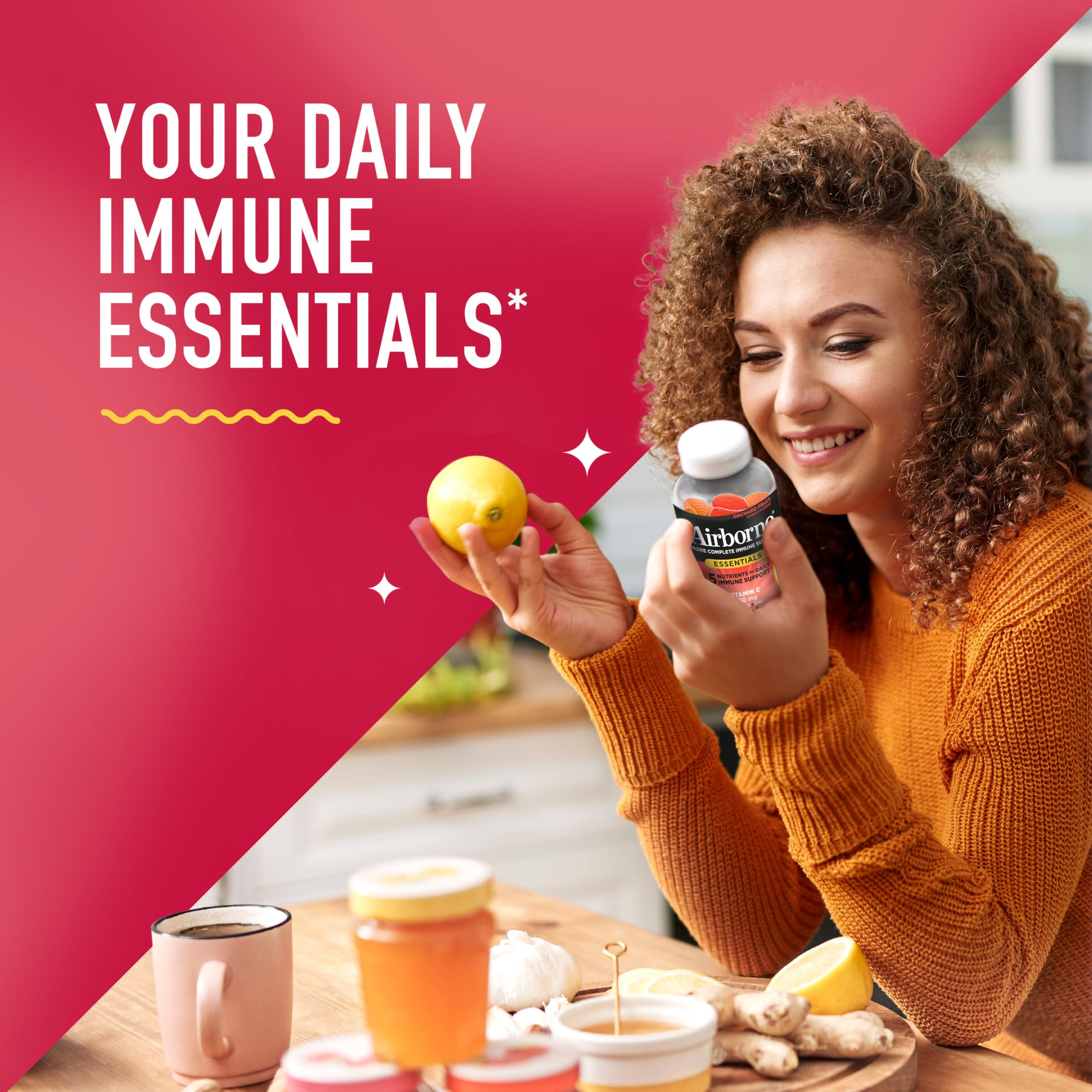 Airborne Immune Essentials Gummies Tangy Apple flavor shot for on-the-go use.