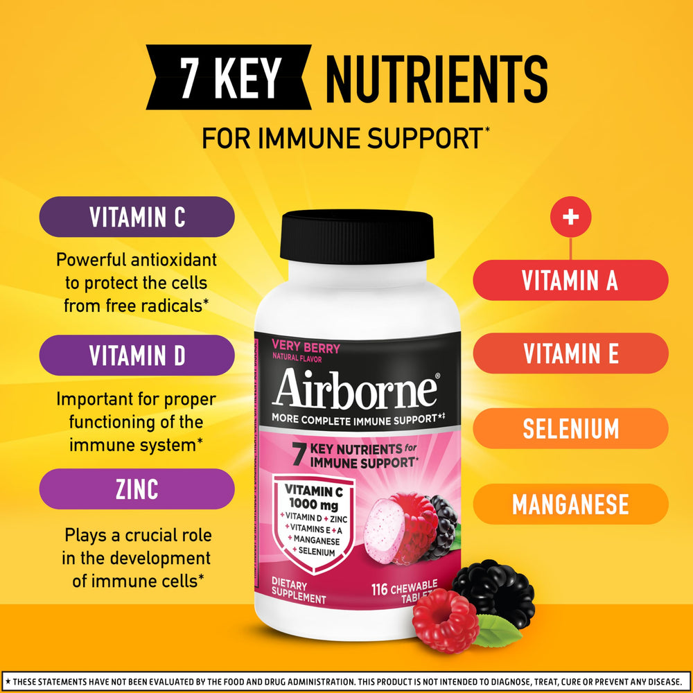 Airborne immune-support 13 nutrients image emphasizes zinc, selenium, and antioxidants.