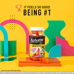 Airborne kids gummies in assorted fruit flavors, easy to chew.