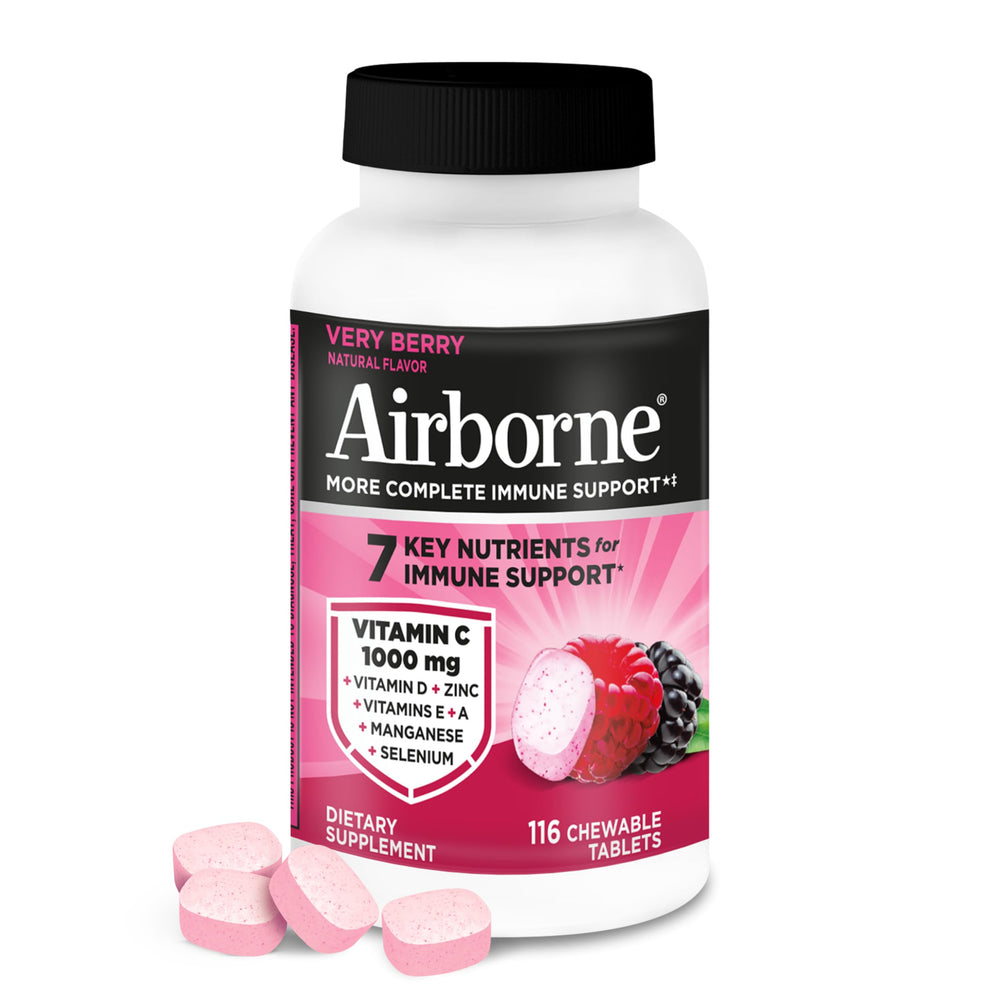 Airborne very berry chewable bottle shows on-the-go immunity support.