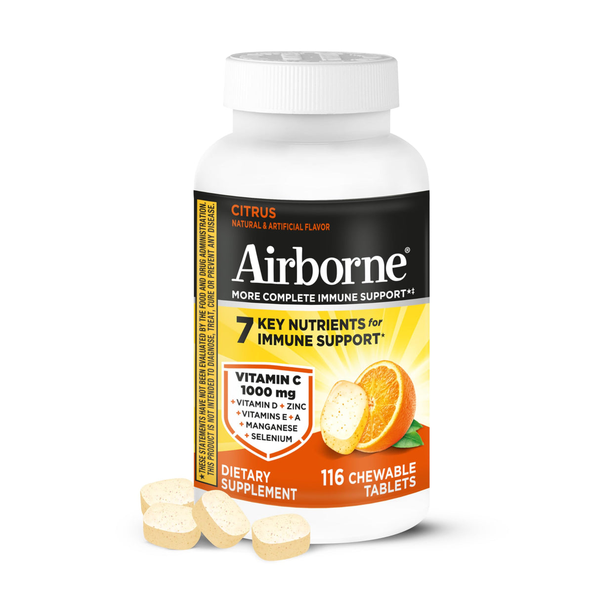 Airborne Vitamin C 1000mg chewables bottle front for immune support on the go.