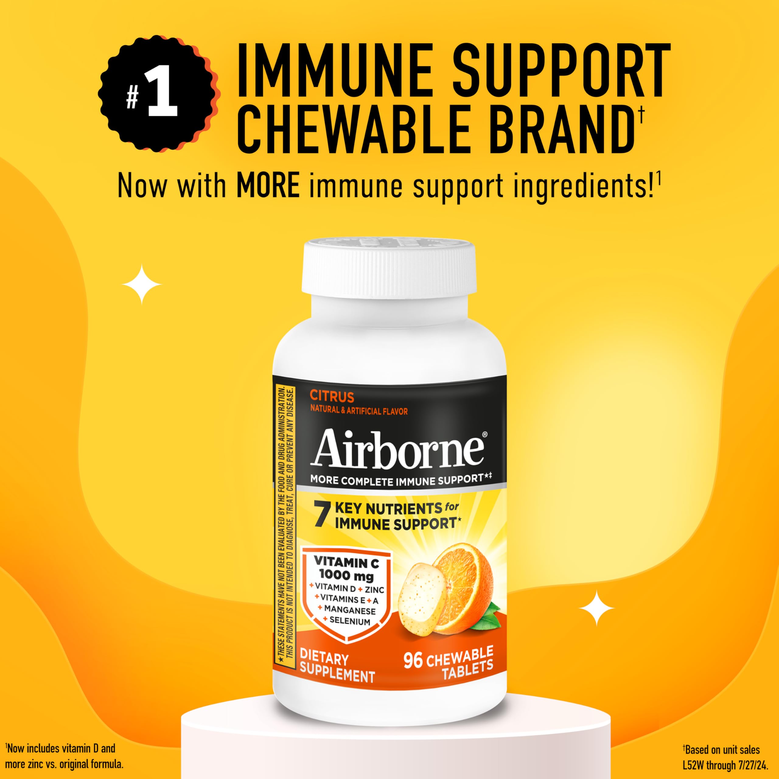 Airborne Vitamin C 1000mg chewables box front highlights gluten-free citrus flavor.