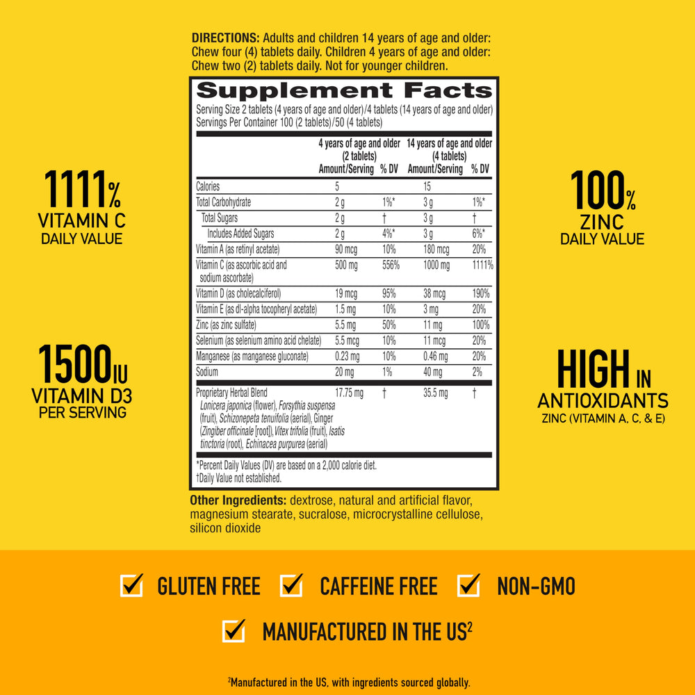 Airborne Vitamin C 1000mg chewables label shows 13 vitamins and minerals.