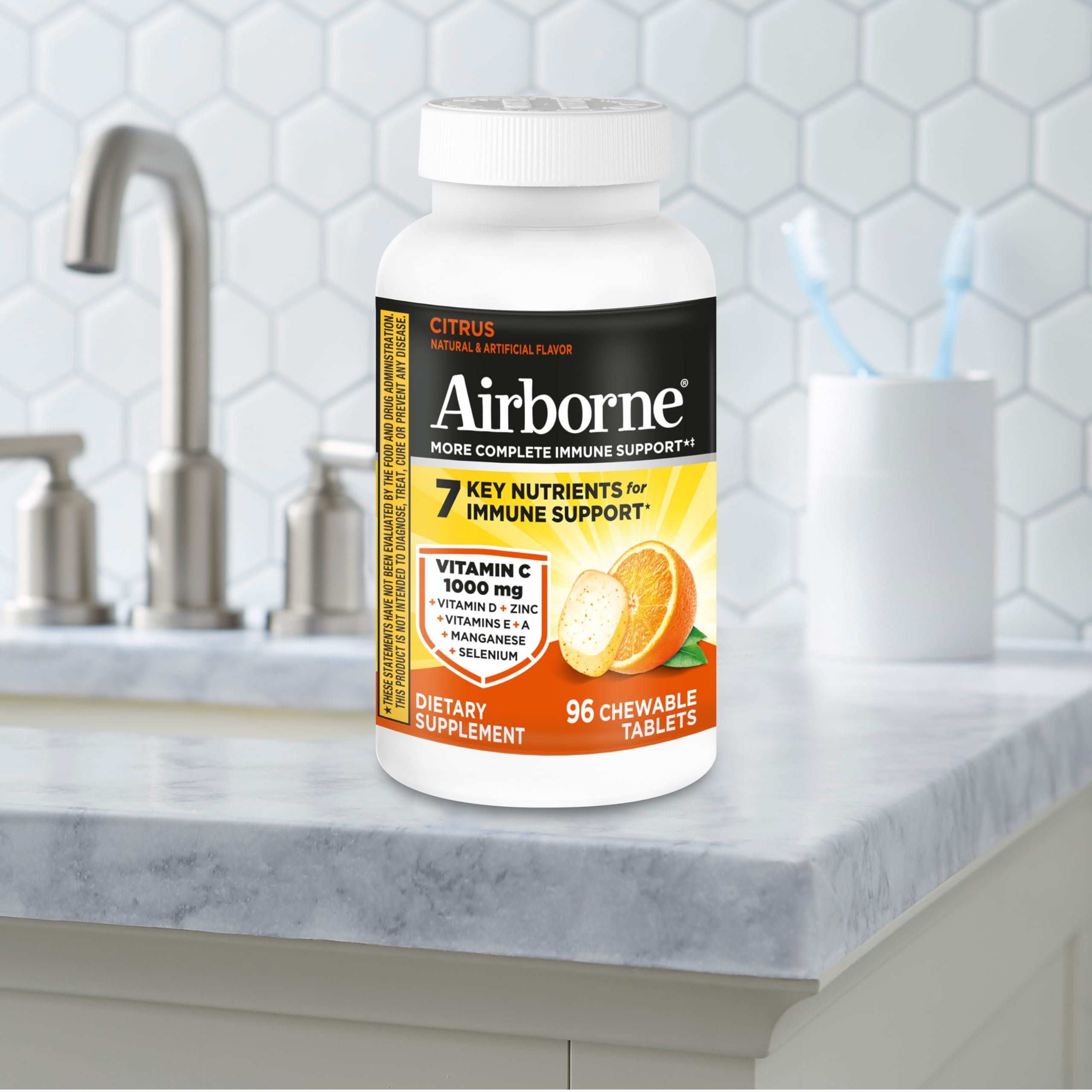 On-the-go lifestyle with Airborne citrus chews for quick daily support.