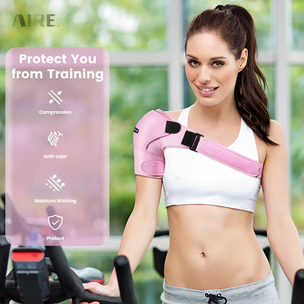 Adjustable left-right straps on AIRE shoulder brace for a customized fit.