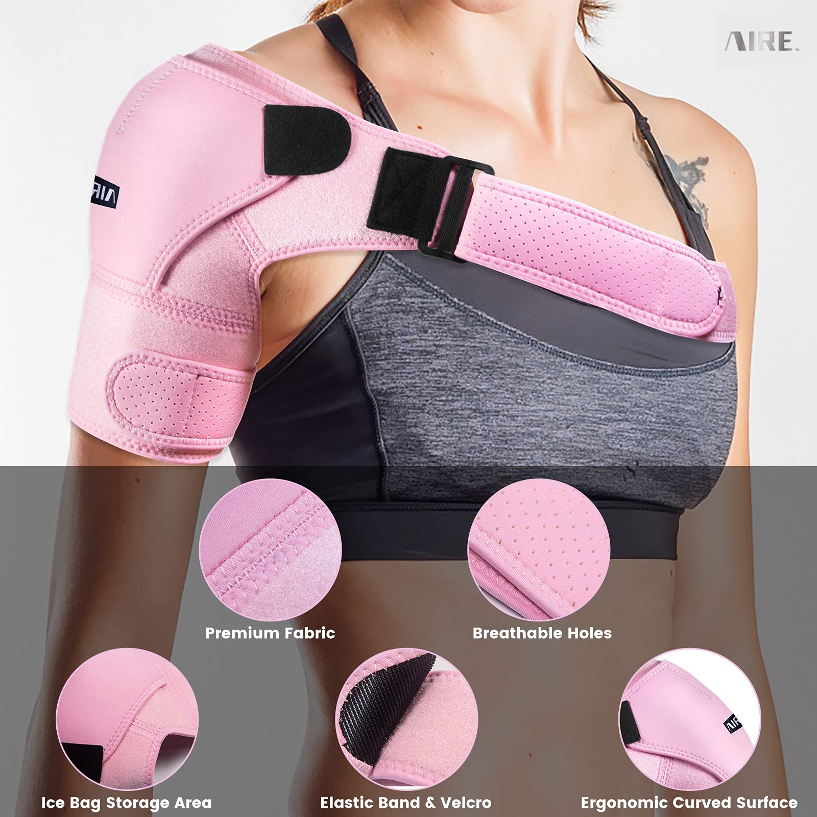 Soft neoprene material of AIRE shoulder brace for breathable comfort.