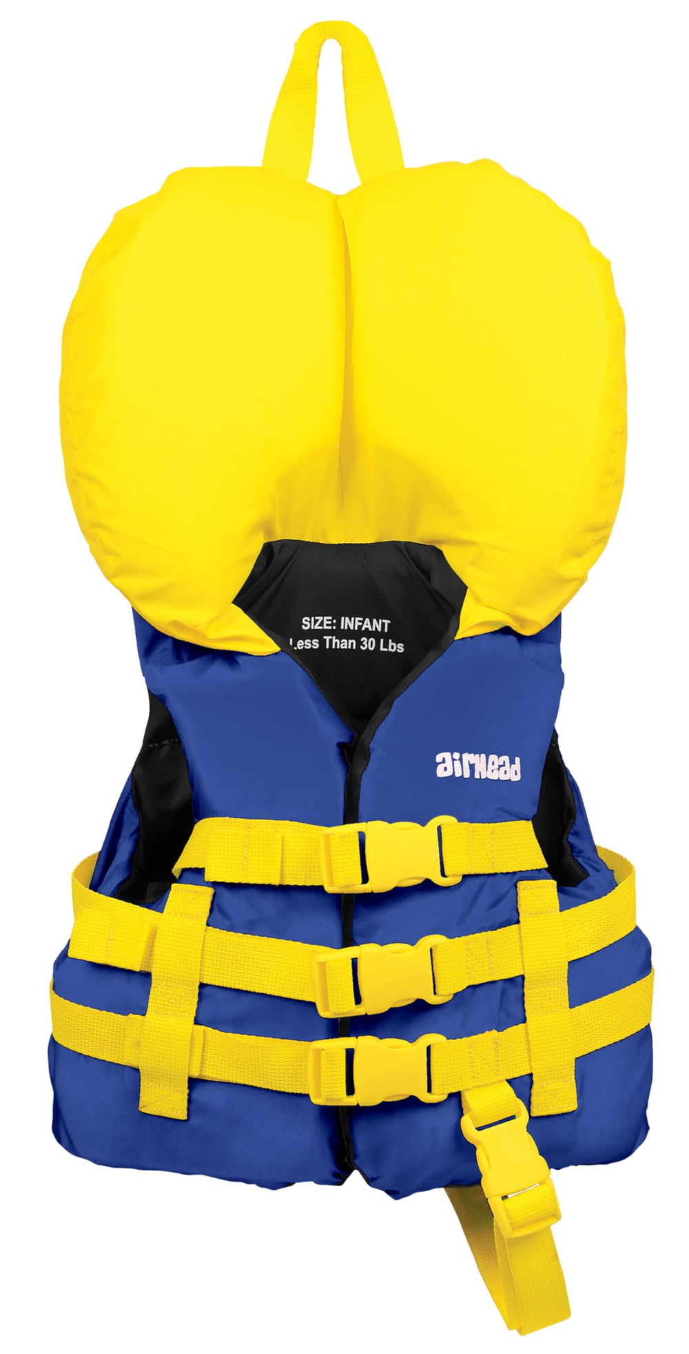 Airhead infant life jacket blue front view highlighting secure fit and high visibility