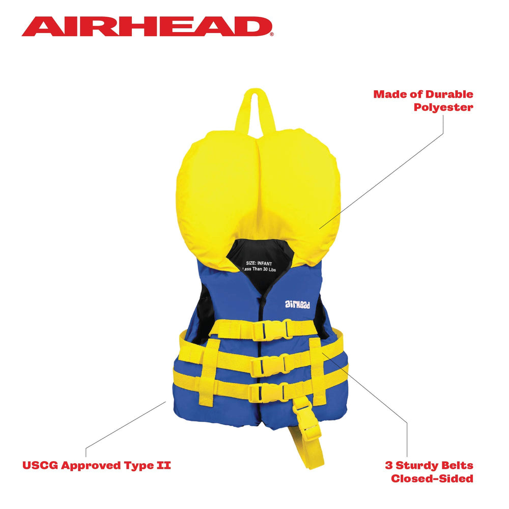 Airhead infant life jacket blue side view highlighting adjustable three-buckle design