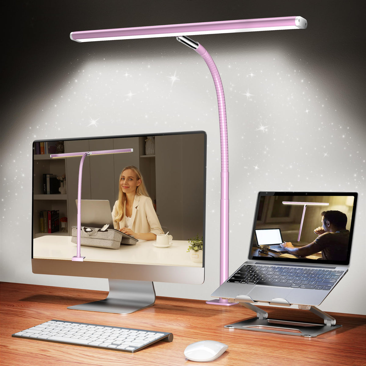 Airlonv LED desk lamp pink on desk provides soft, eye-friendly lighting for reading.