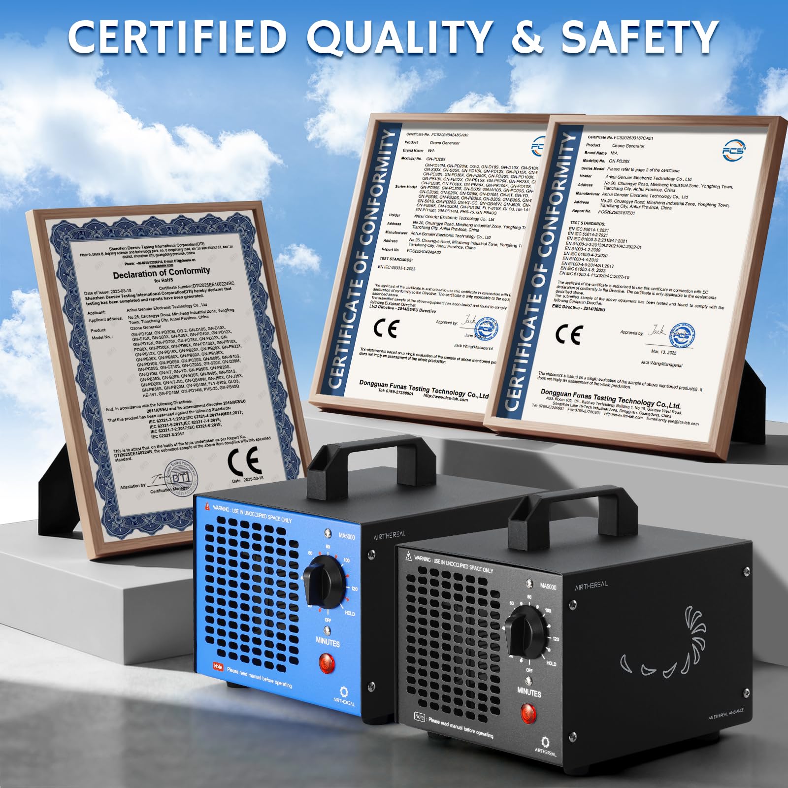 Airthereal MA5000 blue housing conveys professional-grade air purification for any space.