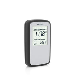 Airthings Corentium Home front view shows compact, portable detector for easy room readings.