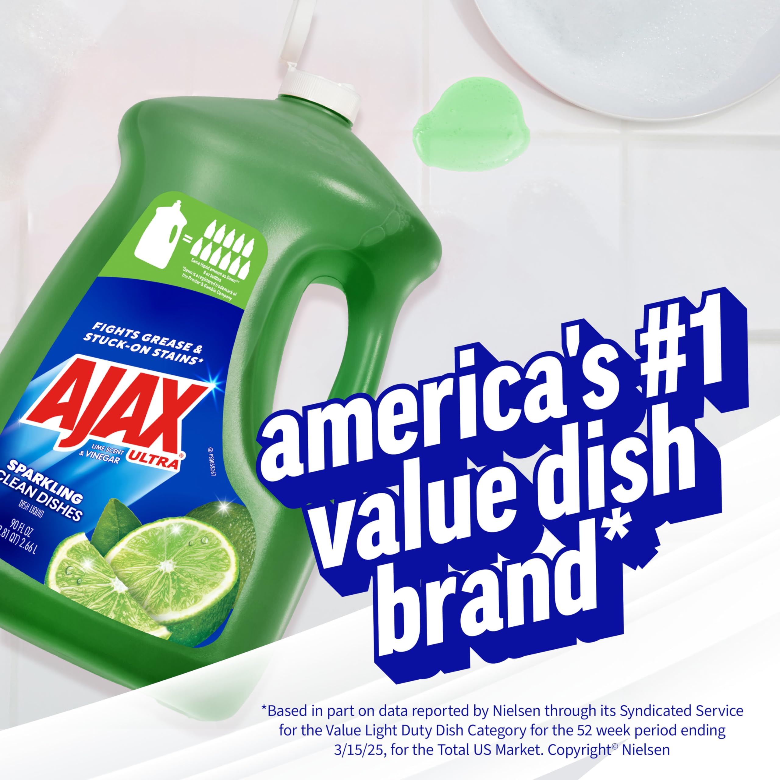 Ajax 90 oz bottle on kitchen counter ready for daily dish tasks.