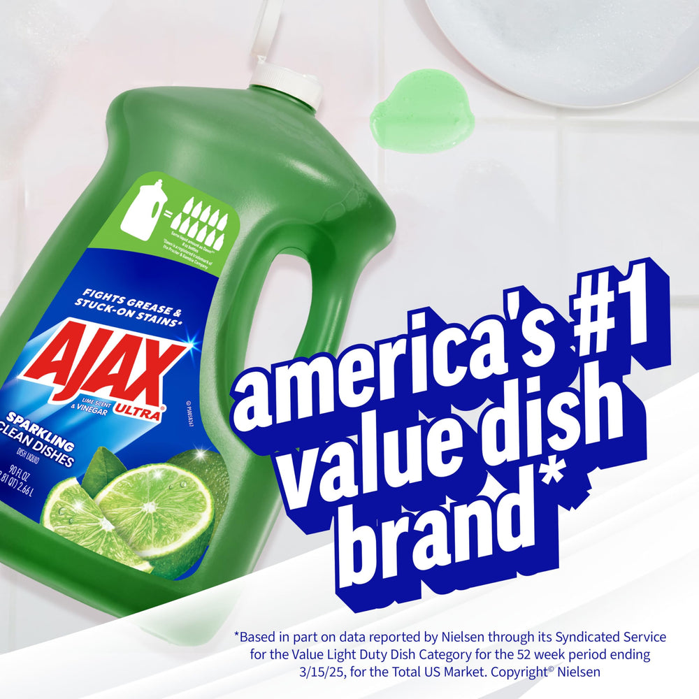 Ajax 90 oz bottle on kitchen counter ready for daily dish tasks.