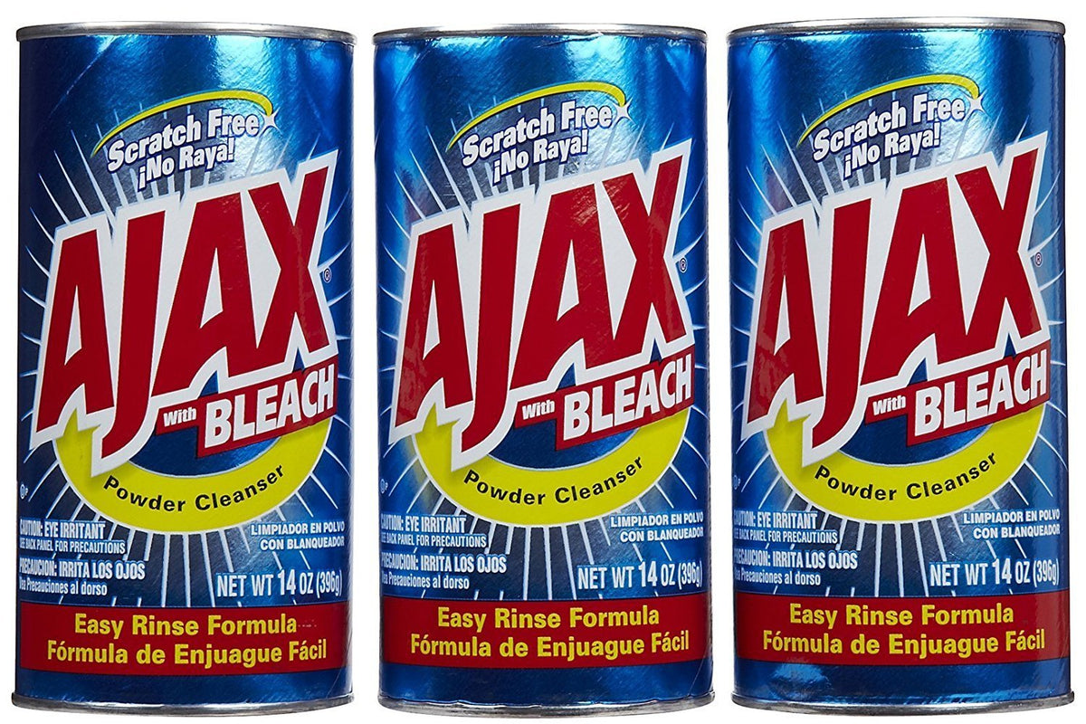 Ajax powder cleanser with bleach in a compact 3-pack, ideal for tackling tough stains.