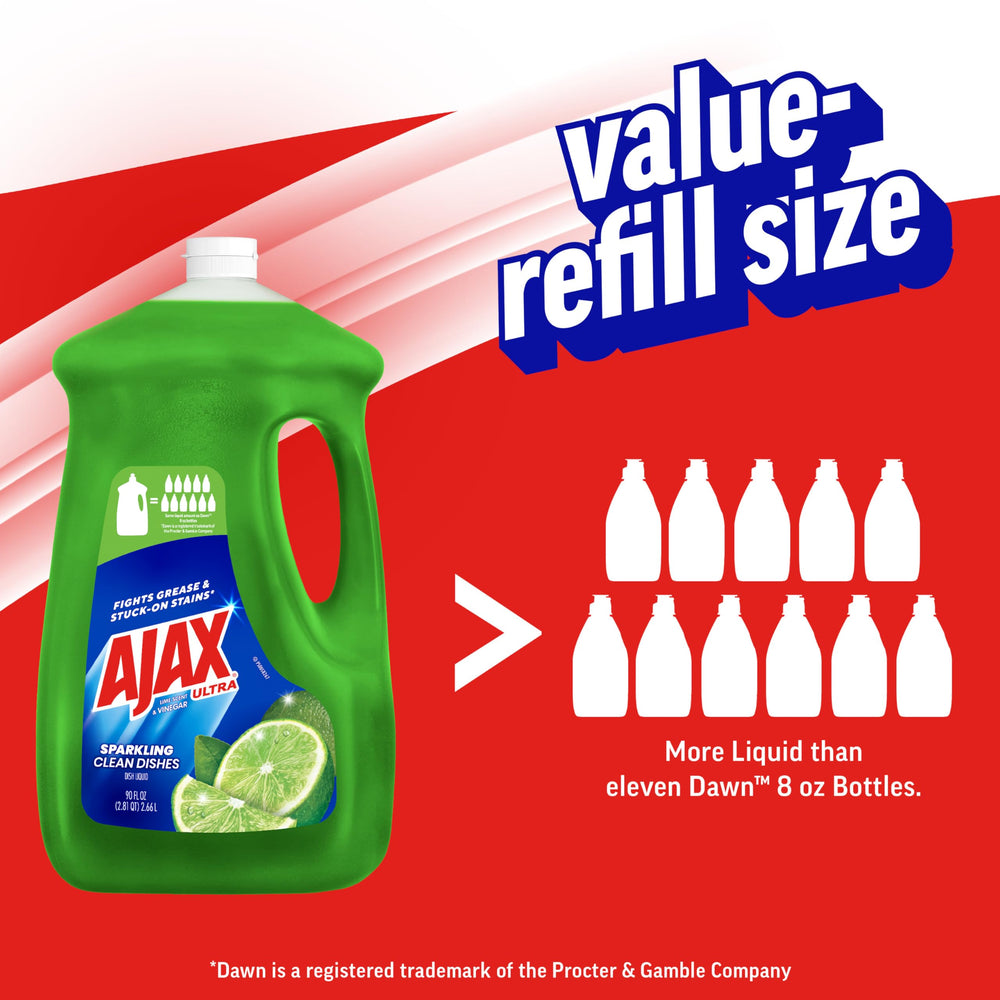 Ajax Ultra Liquid Dish Soap green foam on sponge shows cleaning power.