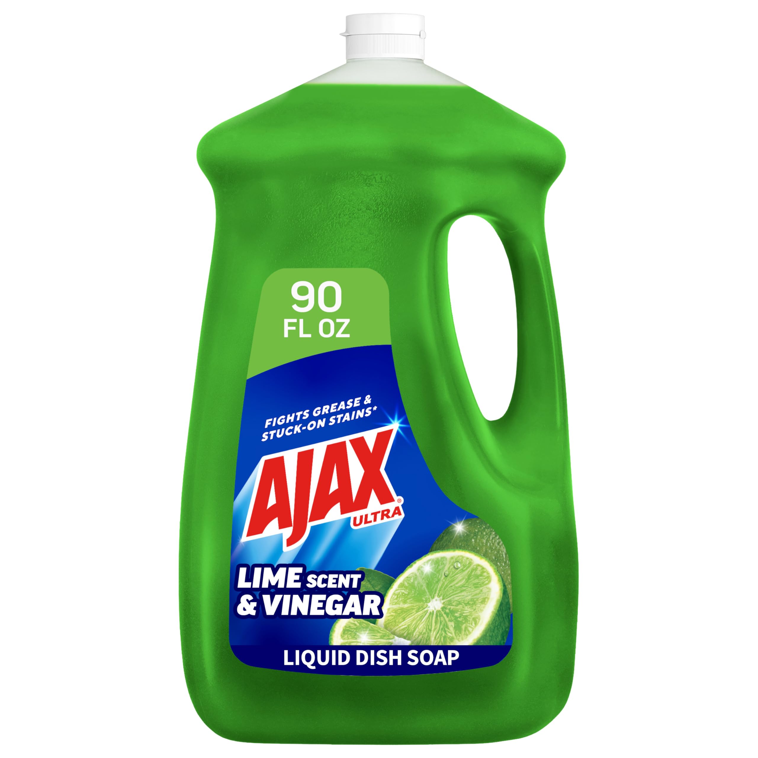 Ajax Ultra Liquid Dish Soap bottle pouring lime vinegar formula for sparkling dishes.