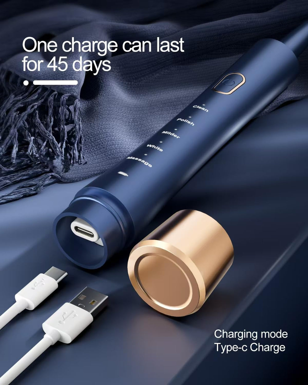 AJELU IPX7 toothbrush five modes display for personalized brushing in blue.