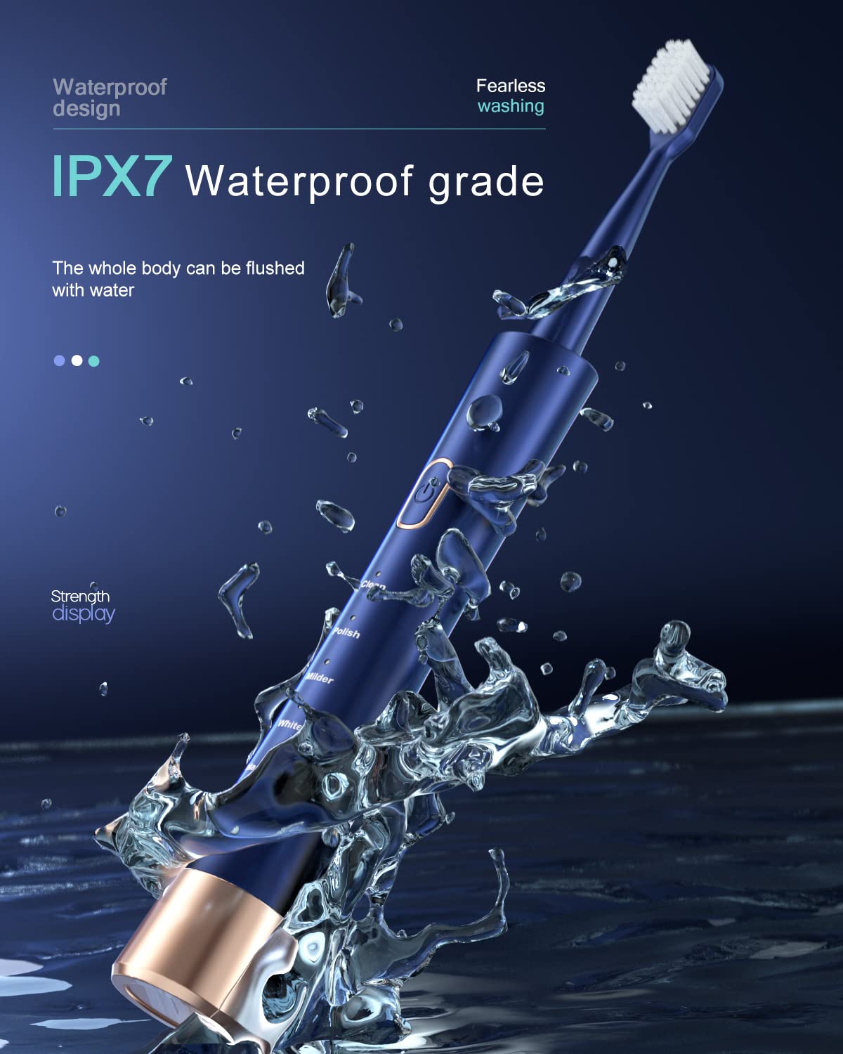 AJELU IPX7 toothbrush with eight brush heads for family use in blue.