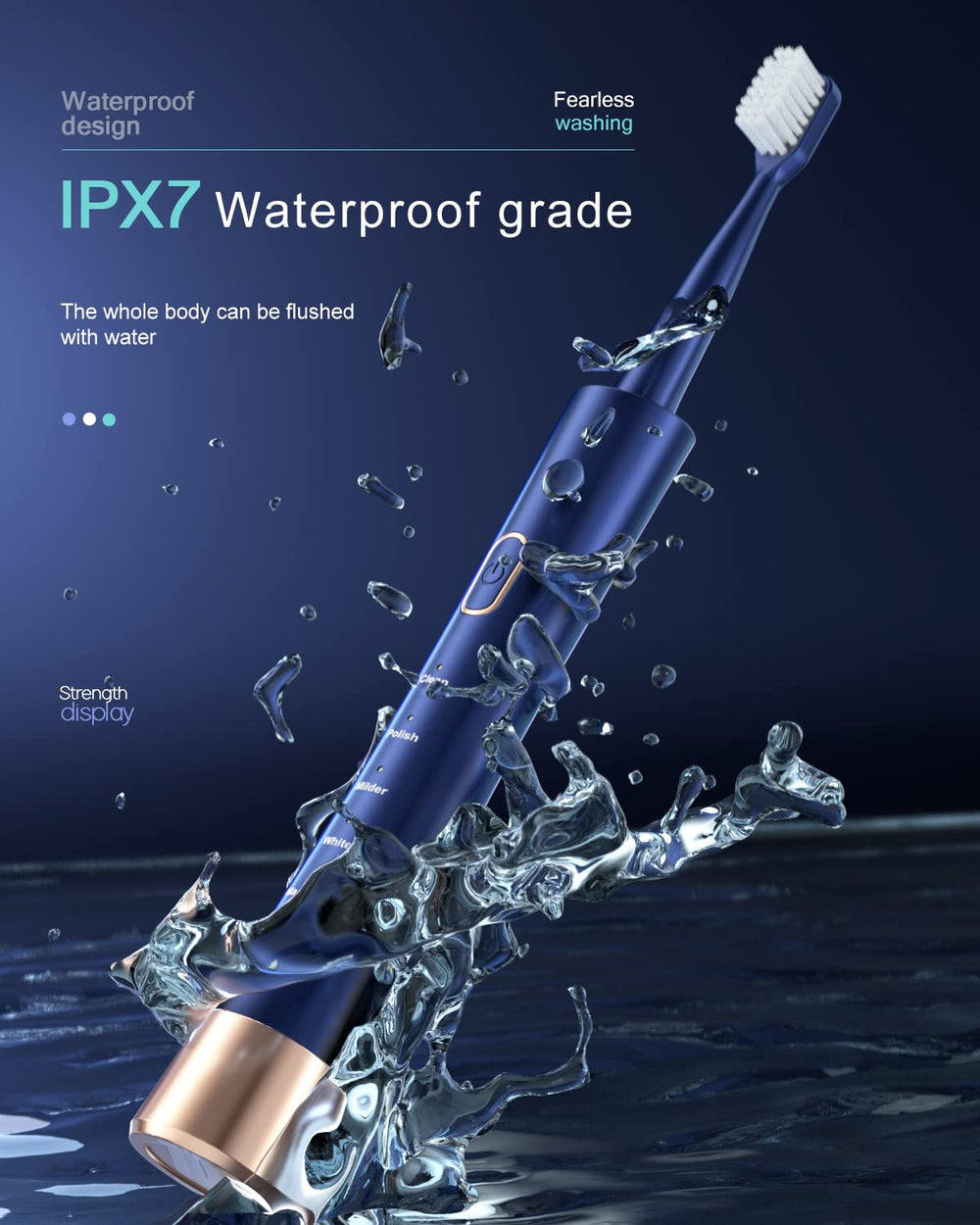 AJELU IPX7 toothbrush with eight brush heads for family use in blue.