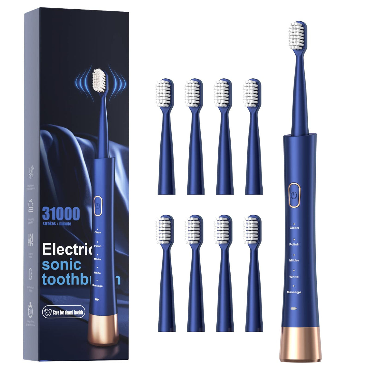 AJELU IPX7 waterproof toothbrush front view in blue.