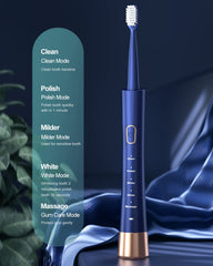 AJELU IPX7 toothbrush side view with blue ergonomic handle.