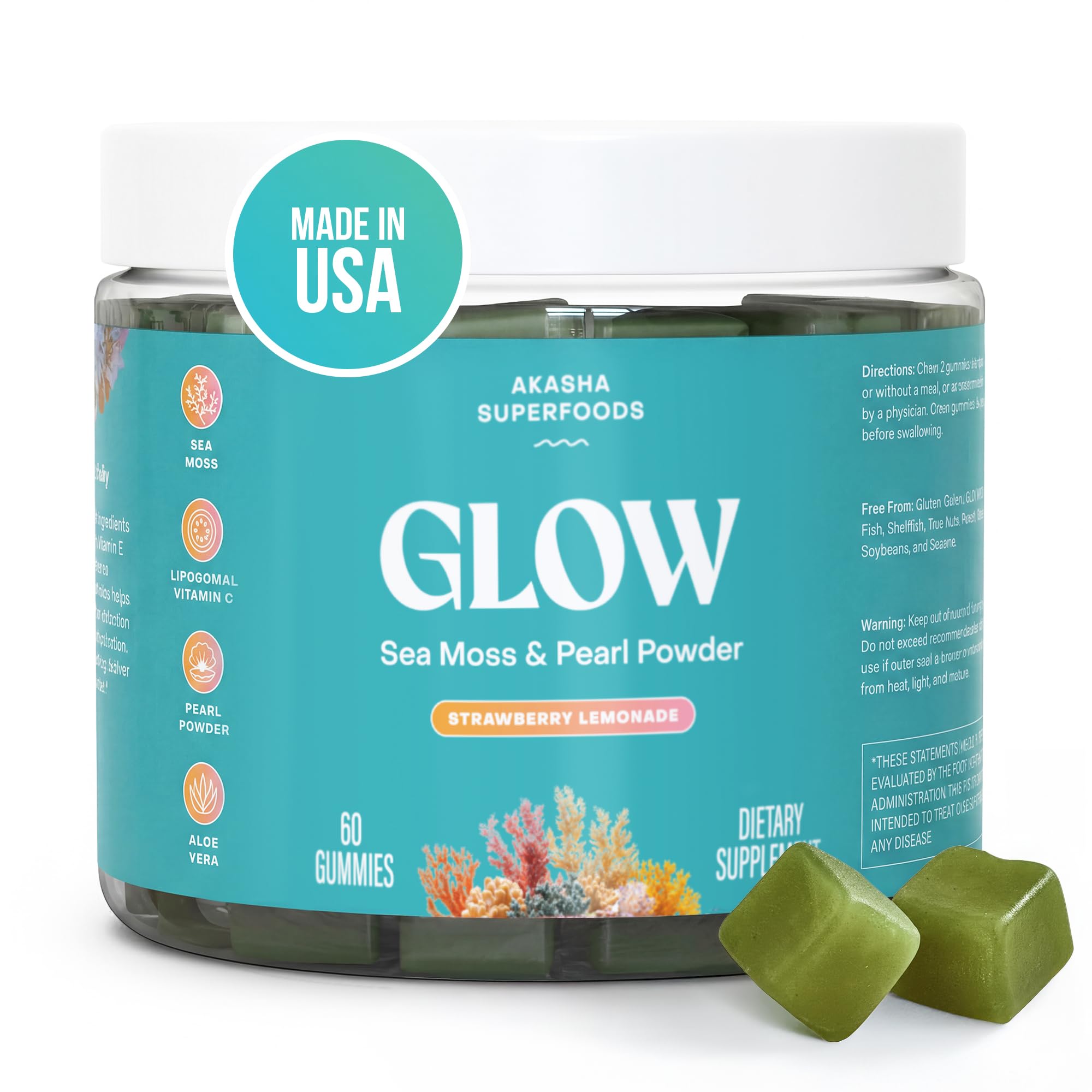 Akasha Superfoods Sea Moss Glow Gummies bottle promotes daily inner glow.