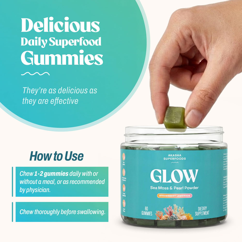 Akasha Sea Moss Glow Gummies ingredient label showcases organic botanicals and vegan formula.